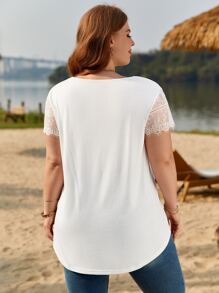 SHEIN Frenchy Plus Contrast Lace Sleeve V Neck Tee - White - View 2
