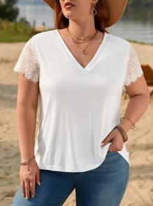 SHEIN Frenchy Plus Contrast Lace Sleeve V Neck Tee - White - View 4