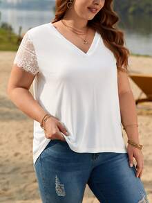 SHEIN Frenchy Plus Contrast Lace Sleeve V Neck Tee - White - View 5