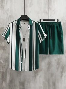 Manfinity Homme Men Striped Shirt & Drawstring Waist Shorts Without Tee - Multicolor - View 1