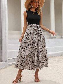 SHEIN VCAY Vestido con cinturón con estampado de dibujo bajo con fruncido - Multicolor - Ver 5