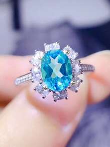 方晶鋯石裝飾戒指 - 淺藍色 - 查看 2