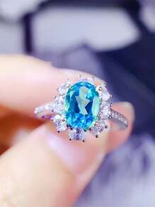 方晶鋯石裝飾戒指 - 淺藍色 - 查看 4