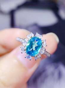 方晶鋯石裝飾戒指 - 淺藍色 - 查看 5