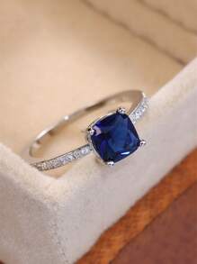 方晶鋯石方形裝飾戒指 - 寶藍色 - 查看 2