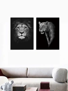 2入組/套獅子圖案無框繪畫化學纖維牆壁藝術畫適用於家居牆壁裝飾 - 黑色 - 查看 1