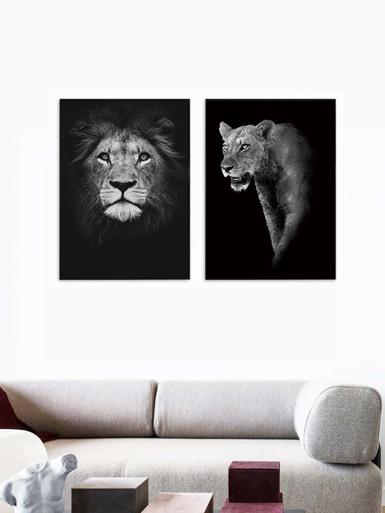 2入組/套獅子圖案無框繪畫化學纖維牆壁藝術畫適用於家居牆壁裝飾 - 黑色 - 查看 1