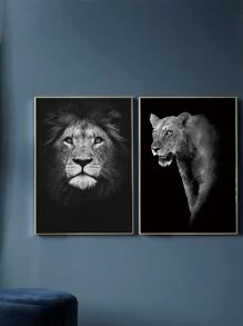 2入組/套獅子圖案無框繪畫化學纖維牆壁藝術畫適用於家居牆壁裝飾 - 黑色 - 查看 2