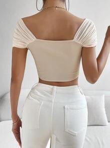 Chiquease Off Shoulder Ruched Sleeve Crop Tee - Khaki - View 2