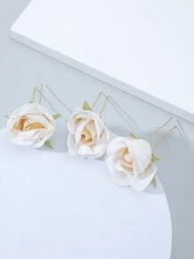 3入組花朵裝飾婚禮髮夾 - 米色 - 查看 1