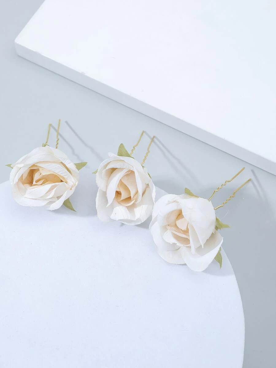 3入組花朵裝飾婚禮髮夾 - 米色 - 查看 1