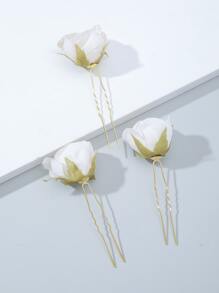 3入組花朵裝飾婚禮髮夾 - 米色 - 查看 3