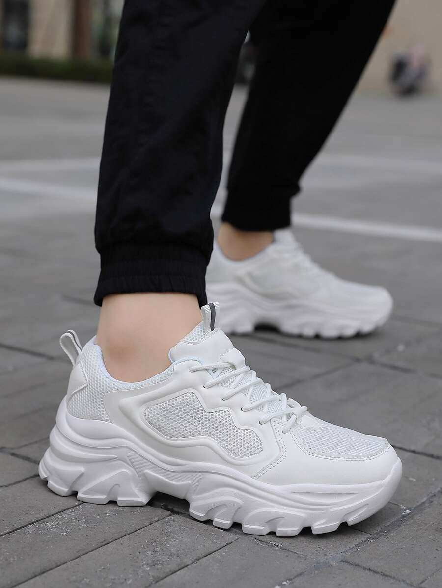 Men Chunky Sneakers, Mesh Lace-up Front Sneakers - White - View 1