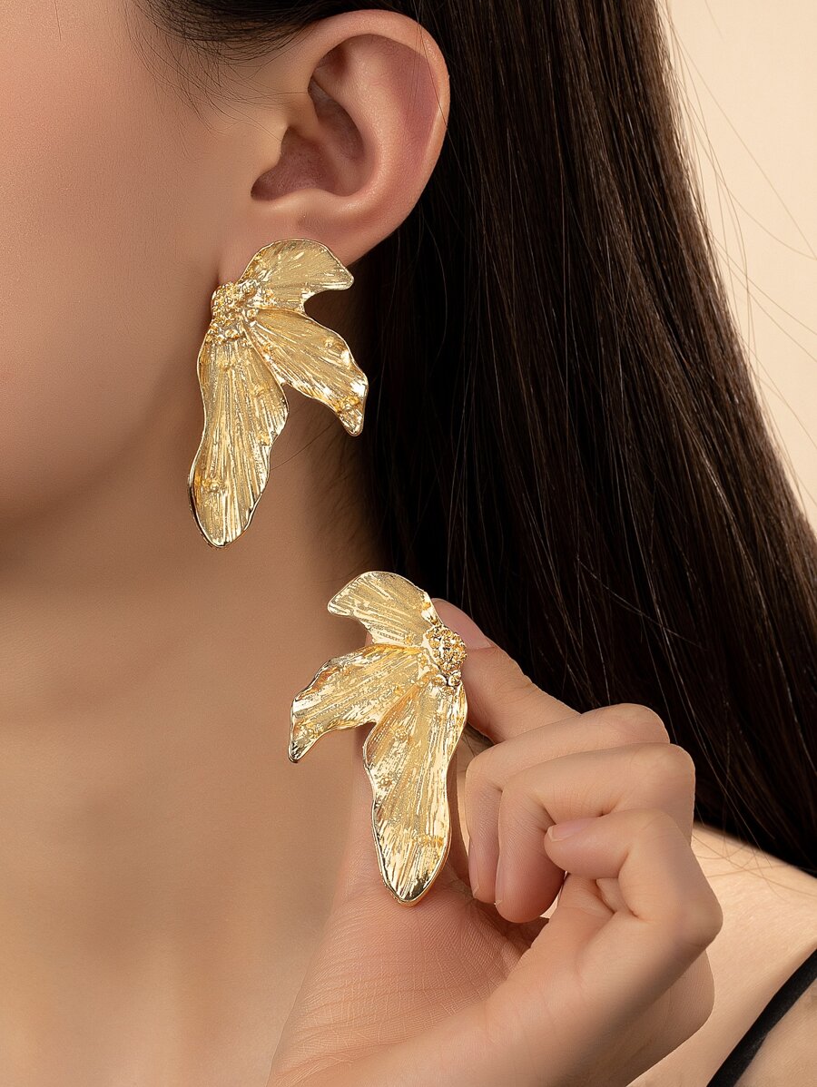 1 对优雅复古叶形女士耳环 - 金黃色 - 查看 1