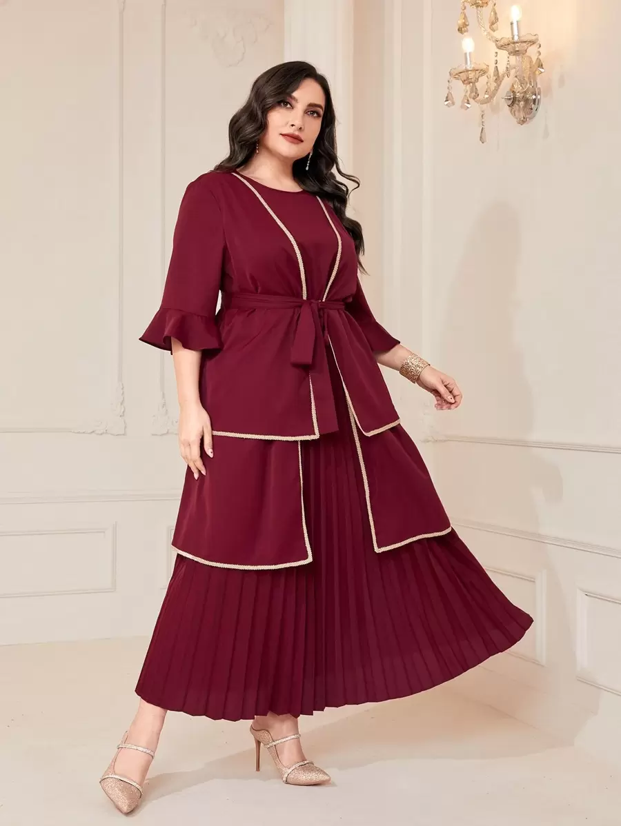 Modelyn Đầm Plus Size Thắt lưng Xếp li Tương phản ràng buộc màu trơn Thanh lịch - Màu Tím - Xem 1