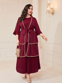 Modelyn Đầm Plus Size Thắt lưng Xếp li Tương phản ràng buộc màu trơn Thanh lịch - Màu Tím - Xem 4