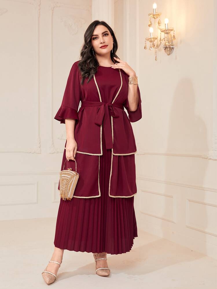 Plus Contrast Binding Flounce Sleeve Pleated Hem Belted Dress