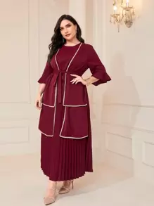 Modelyn Đầm Plus Size Thắt lưng Xếp li Tương phản ràng buộc màu trơn Thanh lịch - Màu Tím - Xem 5