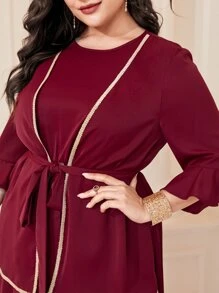 Modelyn Đầm Plus Size Thắt lưng Xếp li Tương phản ràng buộc màu trơn Thanh lịch - Màu Tím - Xem 7