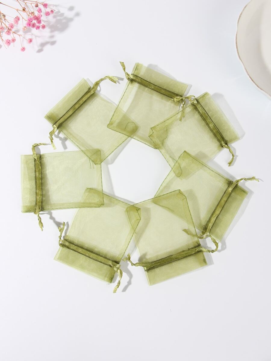 10pcs/set Polyester Gift Bag, Minimalist Green Drawstring Party Favor Goodie Bag For Party - Green - View 1