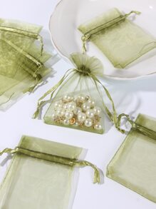 10pcs/set Polyester Gift Bag, Minimalist Green Drawstring Party Favor Goodie Bag For Party - Green - View 6