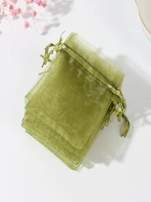 10pcs/set Polyester Gift Bag, Minimalist Green Drawstring Party Favor Goodie Bag For Party - Green - View 7