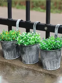 1pc Iron Plant Container, Vintage Design Flower Pot For Home - Grey - View 1