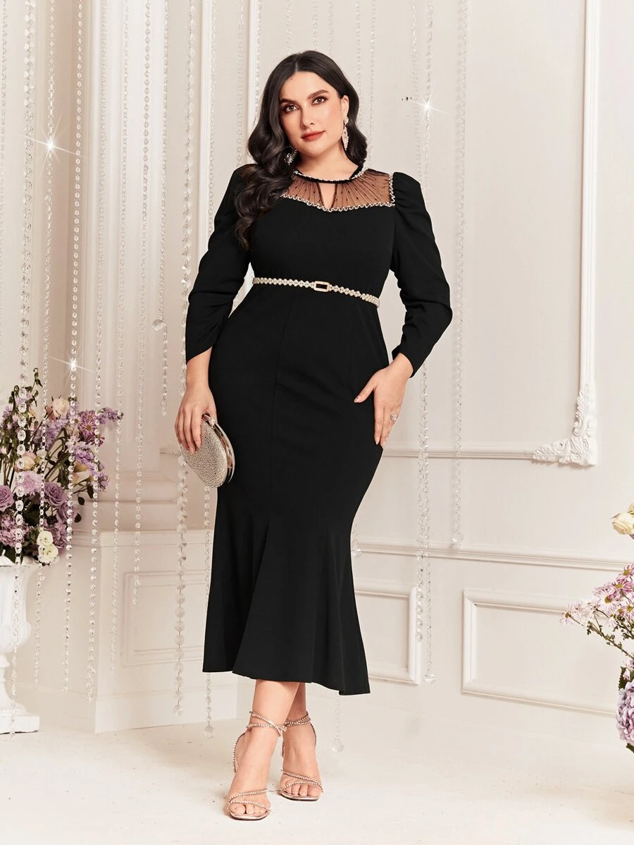 Modelyn Plus Contrast Mesh Puff Sleeve Mermaid Hem Dress Without Belt - Black - View 1