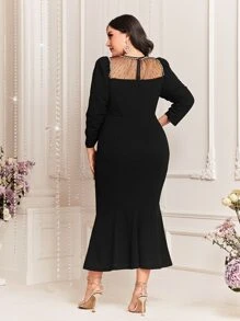 Modelyn Plus Contrast Mesh Puff Sleeve Mermaid Hem Dress Without Belt - Black - View 2