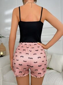 Letter & Cartoon Print PJ Set / Pajama Set - Multicolor - View 2