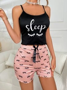 Letter & Cartoon Print PJ Set / Pajama Set - Multicolor - View 3