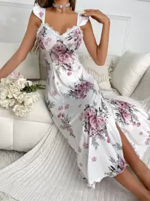 Vestido de dormir con estampado floral ribete con fruncido de muslo con abertura - Blanco - Ver 5