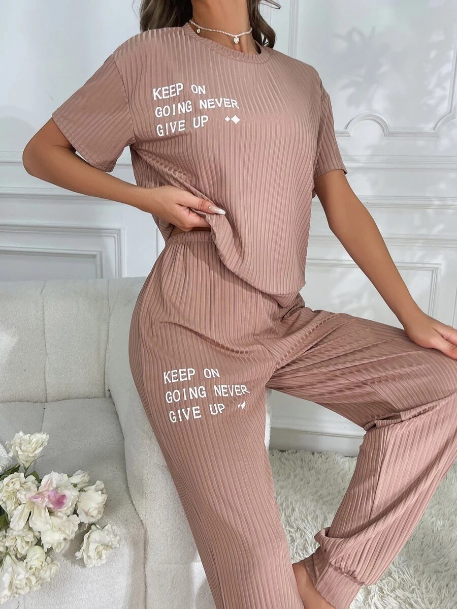 Set homewear con estampado de slogan tejido de canalé - Café integral - Ver 1