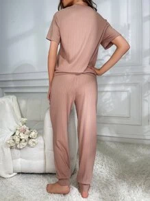 Set homewear con estampado de slogan tejido de canalé - Café integral - Ver 2