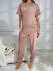 Set homewear con estampado de slogan tejido de canalé - Café integral - Ver 4