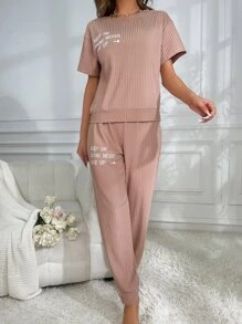 Set homewear con estampado de slogan tejido de canalé - Café integral - Ver 5