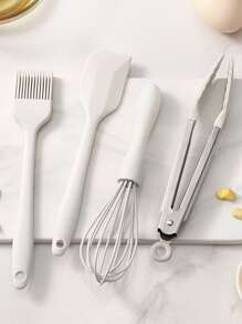 4入組矽膠打蛋器和鉗子以及油刷和抹刀廚房用極簡主義烘焙工具套裝 - 白色 - 查看 1