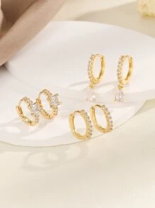 Hihho 3對/套方晶鋯石裝飾耳環 - 金黃色 - 查看 4