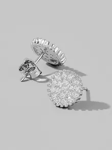 方晶鋯石圓形銀耳釘 - 銀色 - 查看 1