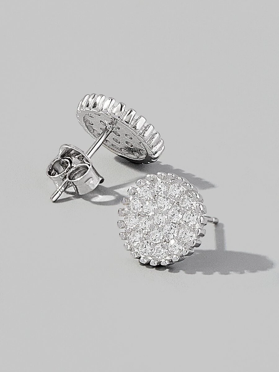 方晶鋯石圓形銀耳釘 - 銀色 - 查看 1