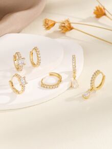 Hihho 3對/套方晶鋯石裝飾耳環 - 金黃色 - 查看 7