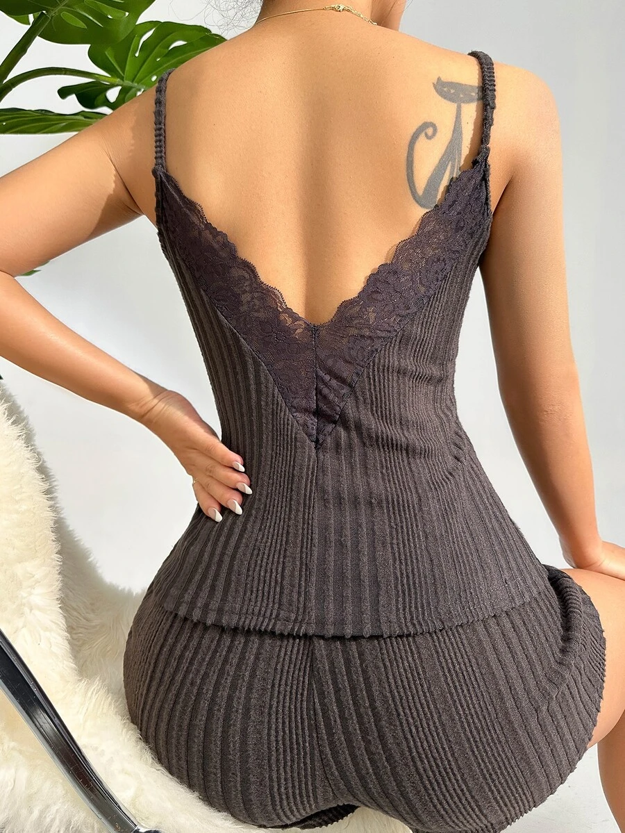 蕾絲拼接條紋針織前打結睡衣套裝 - 深灰色 - 查看 1