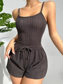 蕾絲拼接條紋針織前打結睡衣套裝 - 深灰色 - 查看 3