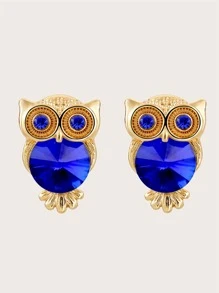 Rhinestone Owl Stud Earrings - Royal Blue - View 1