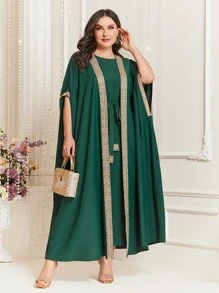 Al Najma Bộ thời trang Plus Size Thắt lưng Ruy băng Khối Màu Thanh lịch - màu xanh lá - Xem 1