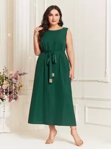 Al Najma Bộ thời trang Plus Size Thắt lưng Ruy băng Khối Màu Thanh lịch - màu xanh lá - Xem 4