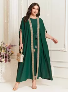 Al Najma Bộ thời trang Plus Size Thắt lưng Ruy băng Khối Màu Thanh lịch - màu xanh lá - Xem 2