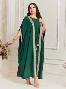 Al Najma Bộ thời trang Plus Size Thắt lưng Ruy băng Khối Màu Thanh lịch - màu xanh lá - Xem 5