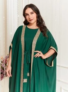 Al Najma Bộ thời trang Plus Size Thắt lưng Ruy băng Khối Màu Thanh lịch - màu xanh lá - Xem 6