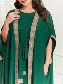 Al Najma Bộ thời trang Plus Size Thắt lưng Ruy băng Khối Màu Thanh lịch - màu xanh lá - Xem 7